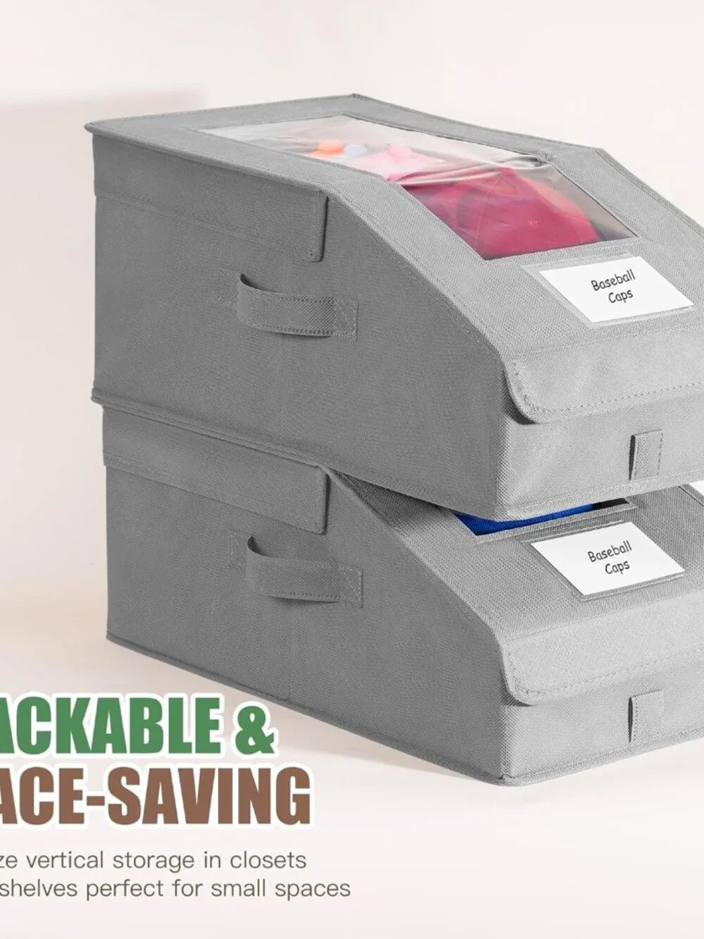Stowsia Gray Hat Organizer Storage Boxes Stackable Clear Window Foldable 2 Pack